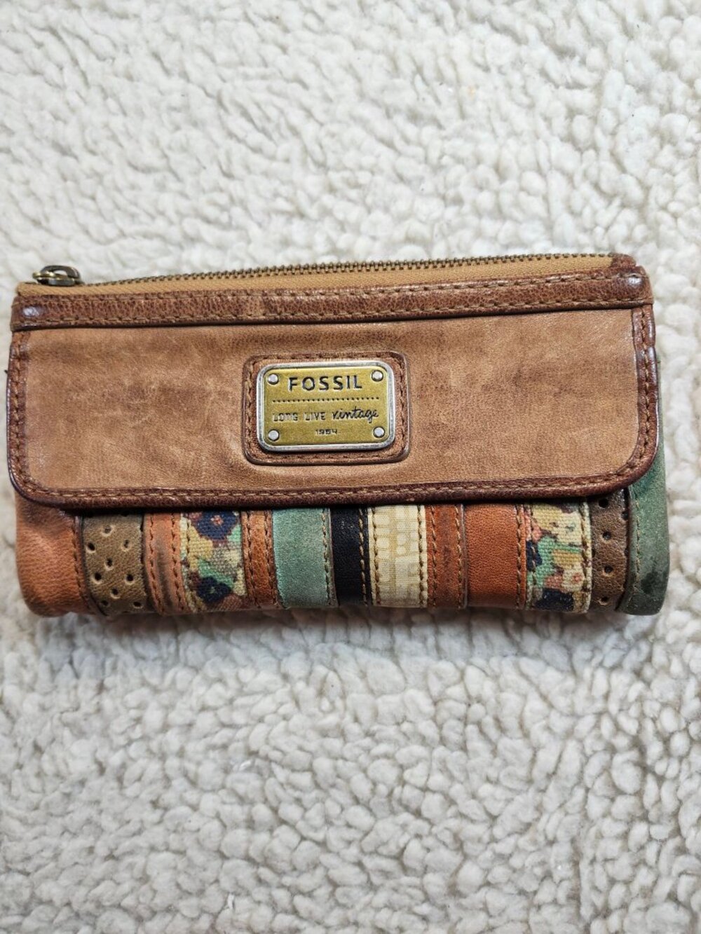Fossil Wallet Womens Brown Leather Patchwork Trifold Vintage Long Live